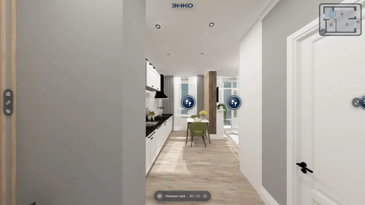 Интерфейс 3D-тура: логотип, мини-карта, метки переходов, лента локаций